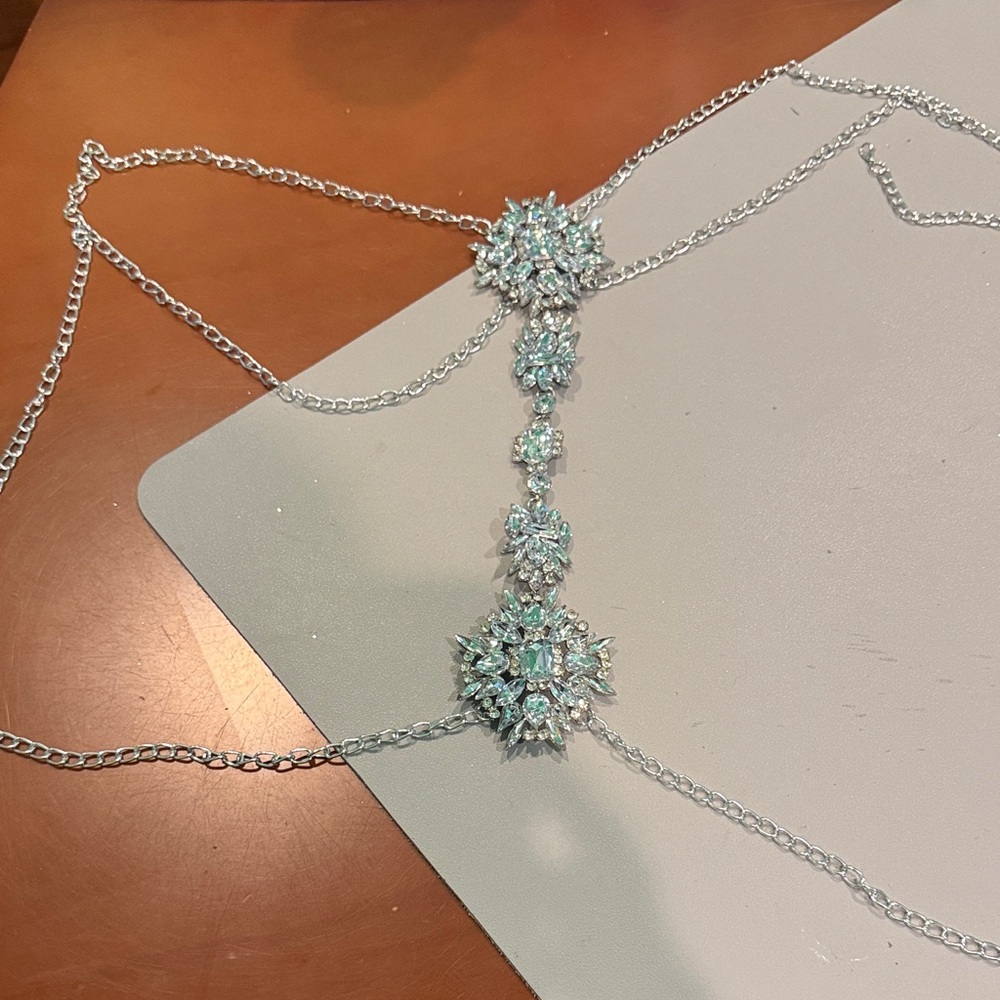 Silver-Tone Aqua Crystal Statement Body Chain Necklace